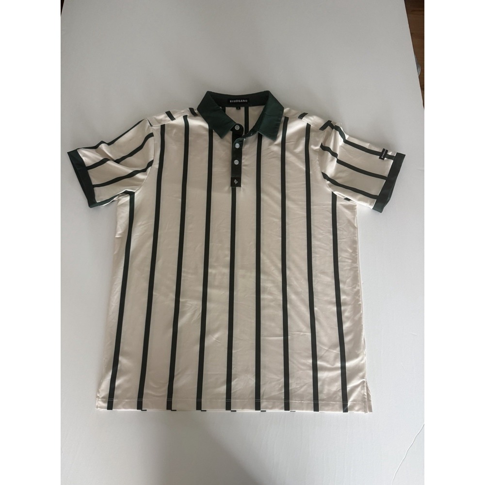 Byrdgang Polo Shirt Mens Medium Green Stripe Golf Stretch Performance Top